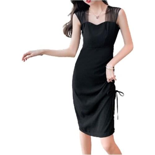PERHAPS U Women Elegant Sexy Chiffon Mesh Solid Strap Tank Irregular Shirring Draw String Split Knee Length Dress D3056