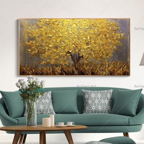 Handmade Large Modern Canvas Landscape Golden Tree Knife Oil Painting Home Living Room Hotel Decorative Wall Art