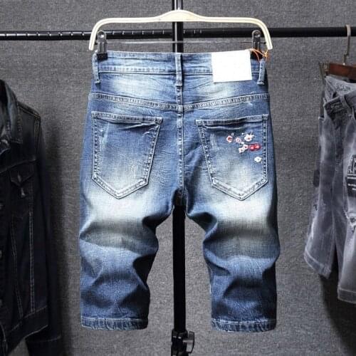 Retro Embroidery Denim Shorts Men Fashion Holiday Knee-Length Shorts Summer Zip Straight Short Jeans Beach Shorts Plus Size 40