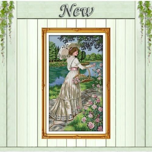 Picking flowers beautiful girl river Painting Counted Print on canvas DMC 14CT 11CT Cross Stitch Needlework Kits embroidery Sets