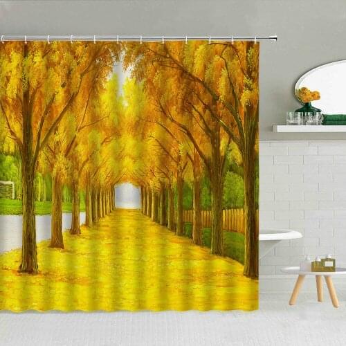 Park Autumn Scenery Shower Curtain Yellow Deciduous Road Forest Bathroom Decor Bath Screen Waterproof Fabric Hooks Curtains Set