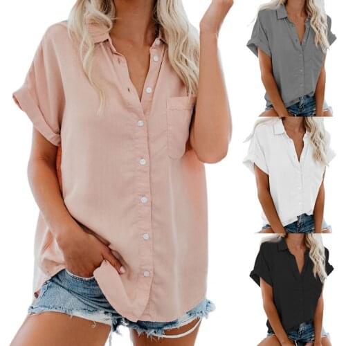 Women Fashion Casual Button Closure Shirt Turn-down Collar Top Short Sleeve Pocket Shirt Top Streetwear Holiday Beachwear