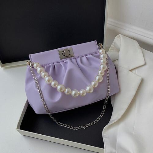Fashion Ruched Shoulder Bags for Women Pearl Chain Strap Handbags and Purses PU Leather Lady Solid Crossbody Bags
