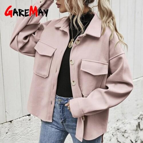 Autumn Winter New Womens Jacket Vintage Warm Shirt Coat Woolen Thick Loose Vintage Pockets Casual Button Jacket Female Oversize