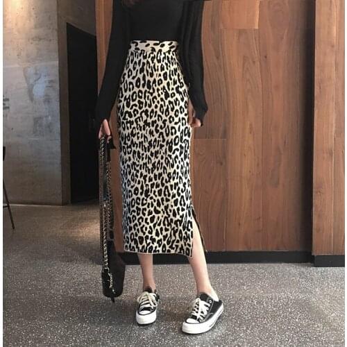 Wenfly Women New England Vintage Leopard Elastic Waist High Waist Knitting Pencil Split Long Skirt Harajuku Streetwear