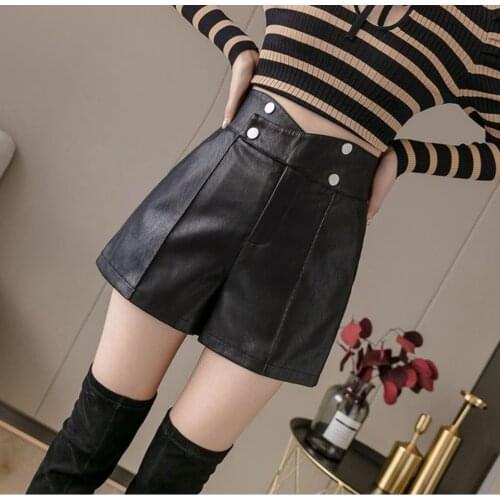 Autumn Winter Womens Leather All-match Shorts Female High Waist Elastic A-line Ladies Elegant Pu Wide-legged Shorts Pants H425
