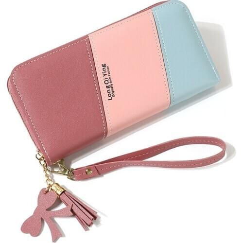 Womens Long Wallet Purses Tassel Coin Purse Card Holder Female Color Matching Wallets Female Leather Clutch Phone Bag