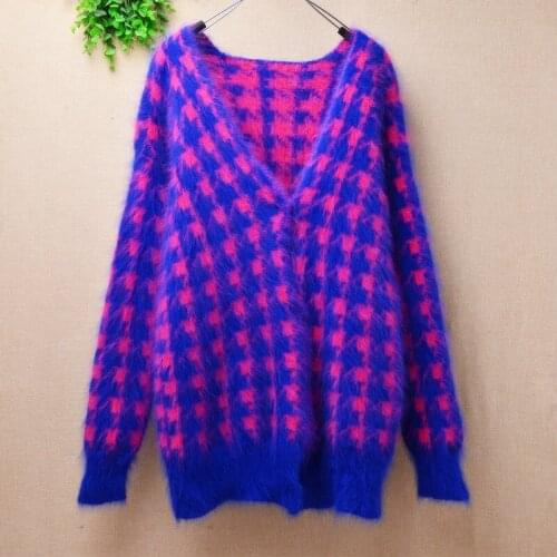 Ladies women fashion plaid hairy mink cashmere deep v-neck long sleeves slim cardigans angora rabbit fur jacket coat sweater top