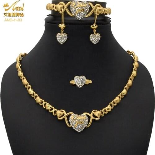 XOXO Heart Nigerian Luxury Gold Jewellery Set Pakistani Fashion Wedding Bride Party Crystal Necklace Dubai For Women Bracelet