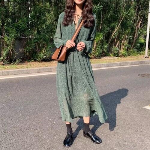 Female Long Dress 2021 Vintage Lace Up Dot Green Chiffon Dress Women Spring Elastic Waist Spring A-line Vestidos Femme 9886