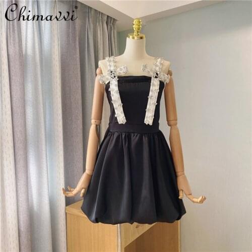 Women Elegant Diamond Stitching Strap Sleeveless Short Dress 2021 Summer New Waist Slimming A- Line Black Dress