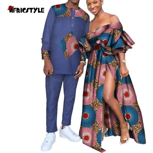 2020 African Dresses for Women African Dresses for Couples Shirt and Pants Sets Lover Couples Clothes Print Long Dress Wyq623