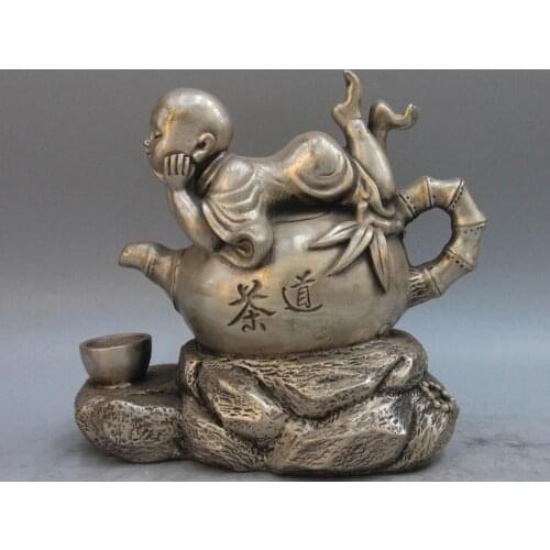 8 Chinese White Copper Silver Buddhist Monk Bonze Bamboo Teapot Teakettle Statue
