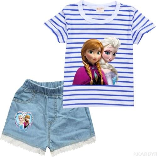 Disney Princess girl new 100% cotton short-sleeved T-shirt + shorts two-piece girls casual thin summer childrens wear