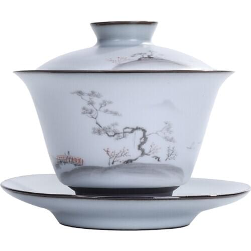 Chinese Style Landscape Painting Ceramic Covered Teacup 150mL Tea Bowl For Tea Culture Lover Teacup With Tea Saucer Covered Bowl