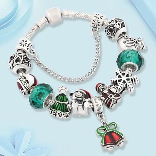 Leabyl Classic Red & Green Enamel Christmas Bell Santa Charm Bracelet Green Crystal Enamel Xmas Tree Bead Bracelet Xmas Gift