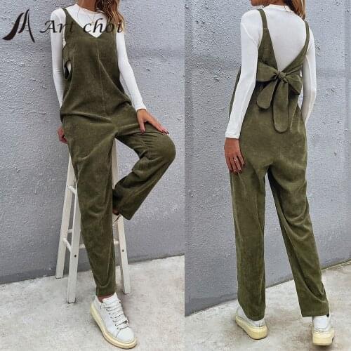 Strap Bowknot Jumpsuit Autumn Women Casual Pencil Pants Solid Corduroy Suspenders Bib Overalls Sleeveless Playsuits Jumpsuits