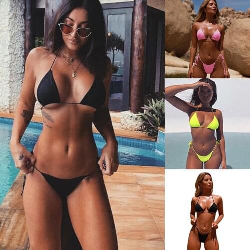 Summer Women Sexy Bikini Thin Strap Solid Color Strappy Split Swimwear Swimsuit Latest Fashion Beach Strappy Split Swimwear