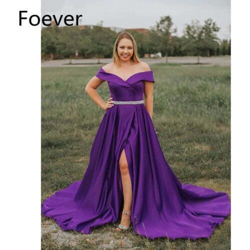2019 Matte Satin Off Shoulder Long Prom Party Dresses with Beaded Pockets Formal Ball Gown Slit Evening Pageant Dress