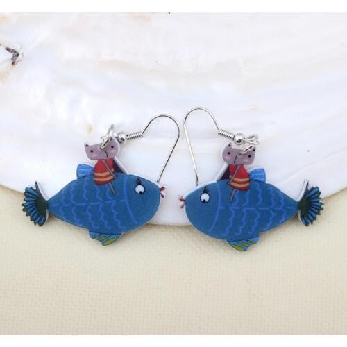 Bonsny blue fish cute lovely printing drop earrings acrylic new 2014 design spring/summer style for girls woman jewelry