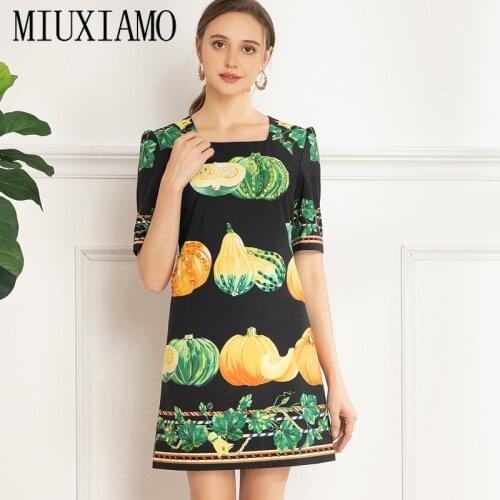 MIUXIMAO 2021 Spring Summer Diamond Short Sleeve O-neck Pumpkin Leaf Print Fashion Casual Slim Dress Women Vestidos