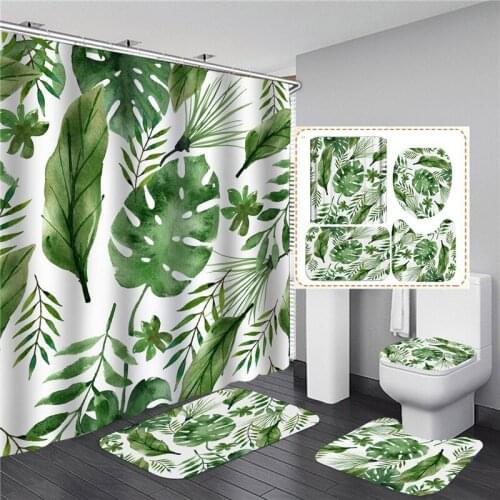 Green Tropical Plants Leaves Printed Shower Curtain Set Waterproof Bathing Screen With Non-slip Toilet Lid Cover Mat Home Decor