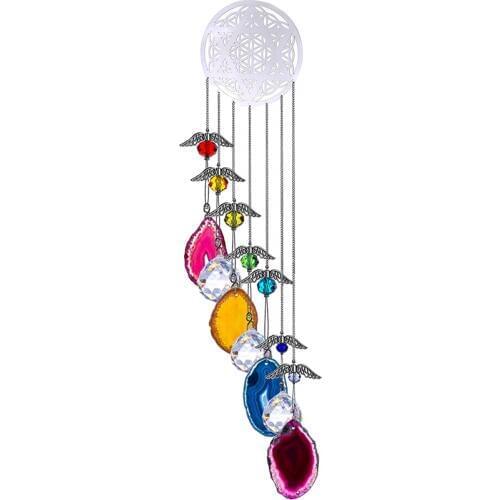 H&D Healing Crystals Angel with Metal Hexagram Wall Hanger Agate Slices Meditation Window Hanging Ornament Home Decor,Multicolor