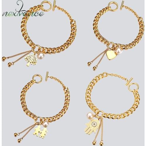 Nextvance Simulated Pearl Tree of Life Heart Pendant Bracelet Boy Girl Hand of Fatima Stainless Steel Bracelets for Women Kids