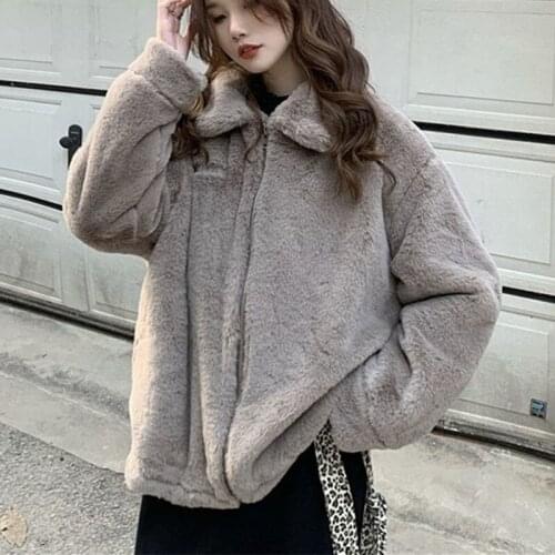 Herstory 2021 New Winter Korea Fashion Fake Rabbit Fur Thick Fur Short Coat Female Warm Faux Fur Coat Sweet Jacket جاكيت نسائي