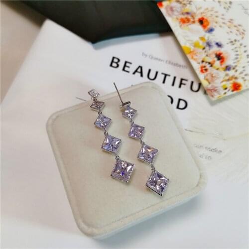New style inlaid amethyst square tassel long earrings charm delicate and elegant ladies party banquet silver jewelry