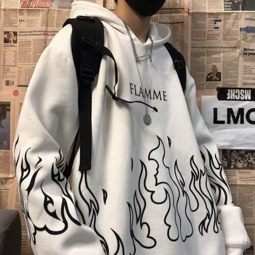 Autumn And Winter Korean Version Of Ins Harajuku Bf Street Hip-Hop Retro Flame Print Loose Hooded Plus Velvet Dweater Tide Tops