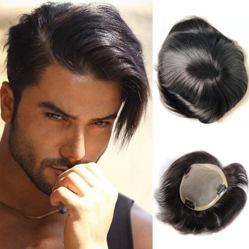 BYMC Human Hair Toupee For Men Lace With NPU Human Hair Toupee Replacement System Natural Straight with Clips