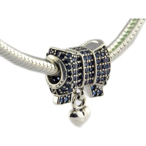 DIY Fits Pandora Charms Bracelets Heart and Bow Beads with Blue Cubic Zirconia 100% 925 Sterling-Silver-Jewelry Free Shipping