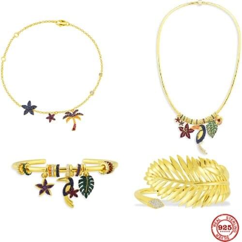 S925 Sterling Silver Jewelry 1:1 Copy,Collection TROPICANA Palm Leaf Open Cuff,Multicolor Tropical Cuff With Logo bangles women