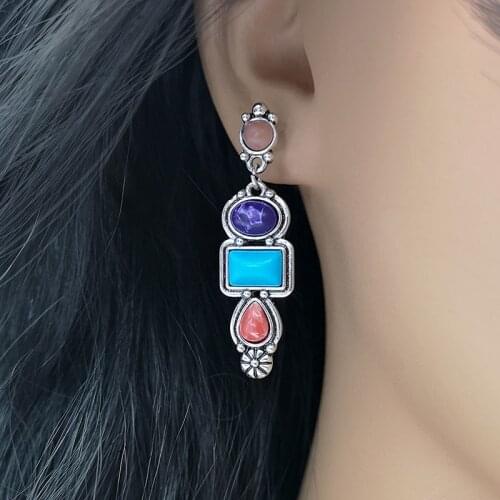 Retro Mixed Colorful Earrings Vintage Smulated Turquoise Red Coral Dangle Earrings Geometric Petal Filigree Boho Ethnic Jewelry