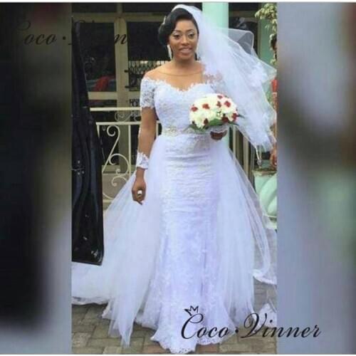 W0631 Vintage 2 IN 1 Wedding Dress 2020 Africa New Style Mermaid Wedding Dresses Detachable Tail Lace Appliques Bride Dress