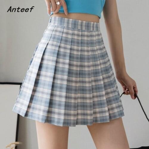 Korean fashion vintage pleated plaid high waist summer casual loose for woman mini skirts womens 2021 skirt clothes