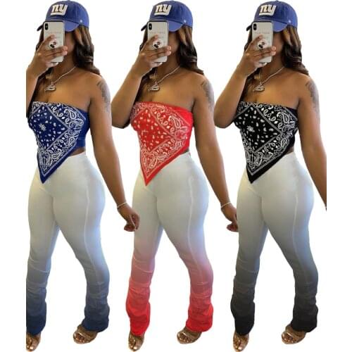 Women Sexy 2 Piece Bandana Print Suit Backless Camisole Sexy Back Lace-up Spaghetti Strap Tank Tops Stacked Pants Outfits