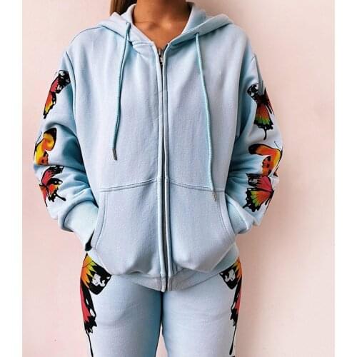 Women Sport Set Tracksuit Butterfly Printed 2 Pieces Sport Suit Set Butterfly Print Long Sleeve Zip Hooded Top+Pants White/black