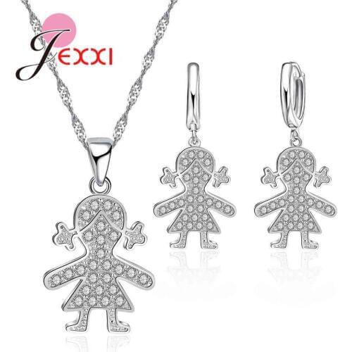 Clear Zircons Girls Shape Cut CZ Necklace Earrings For Women Fashion 925 Sterling Silver Jewelry Sets Korea Style Accessory