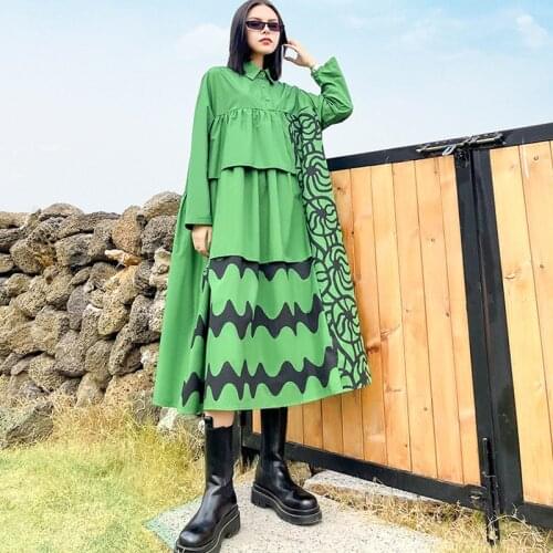 Johnature New Patchwork Print Ruffles Shirt Dresses For Women 2021 Spring Loose Fashion A-Line Dress