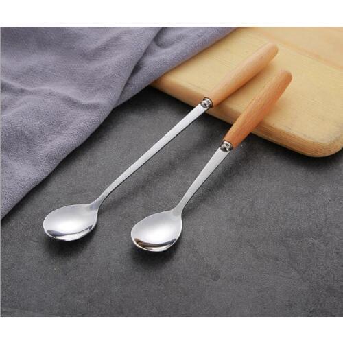 1PC Long Wood Handled Stainless Steel Coffee Spoon Ice Cream Dessert Tea Flatware Tableware Kitchen Accessories PN 009