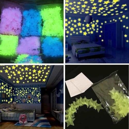 100pcs Baby Shower Happy Birthday Party 3D Stars Luminous Fluorescent Wall Sticker DIY Kids Baby Room Bedroom Ceiling Home Decor