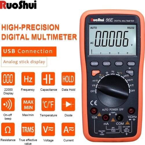 RuoShui 86E Digital Multimeter 22000 Counts Auto Range Ac Dc Temperature Frequency Capacitor with USB Connect Transfer Polymeter