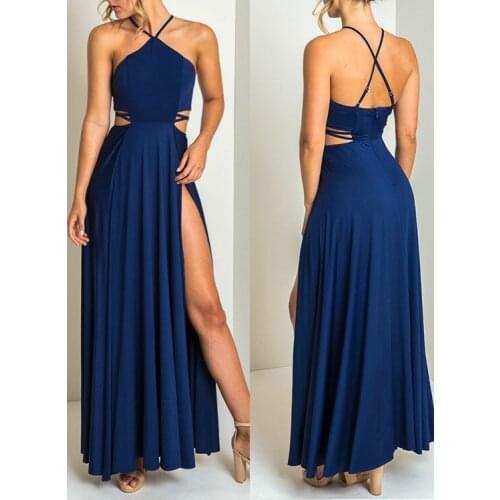 Spaghetti Long Halter Blue Evening Dresses with Slit A-Line Sexy Strappy Back Chiffon Abendkleider Robes de Soirée for Women