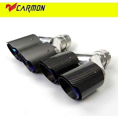 Dual Carbon Fiber + Burnt Blue Stainless Steel Universal Auto Exhaust Tip Double End Pipe for BMW BENZ VW Golf TOYOTA