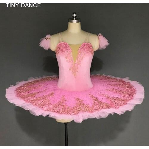 Stretch Pink Velvet Bodice with Gold Trim in the Front 7 Layers Pleated Tulle Pancake Tutu Ballerina Professional Costume BLL177