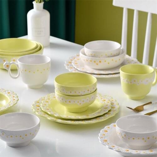 European Ceramic Embossed Daisy Dinner Plate Dessert Steak Dishes Household Soup Salad Bowl Creative Baking Plate Tableware