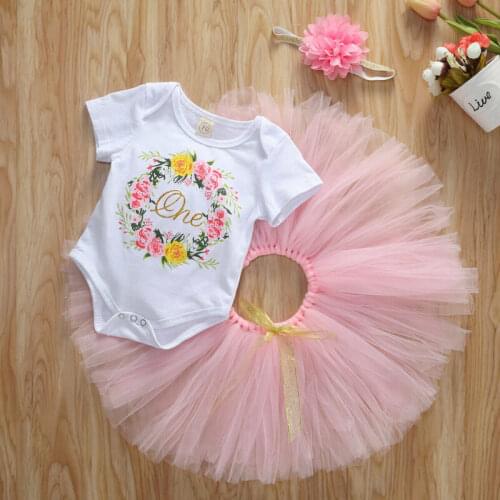 2020 New Infant Baby Girl 3PCS Summer Clothes Floral Bodysuit Jumpsuit Pink Gauze Skirt Headband Newborn Girls Party Outfits Set