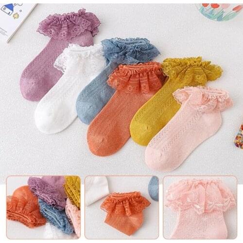 2Pcs Kids Baby Girls Sweet Ruffle Lace Trim Cotton Socks Breathable Mesh Infant Toddler Princess Solid Color Ballet Dance Sum